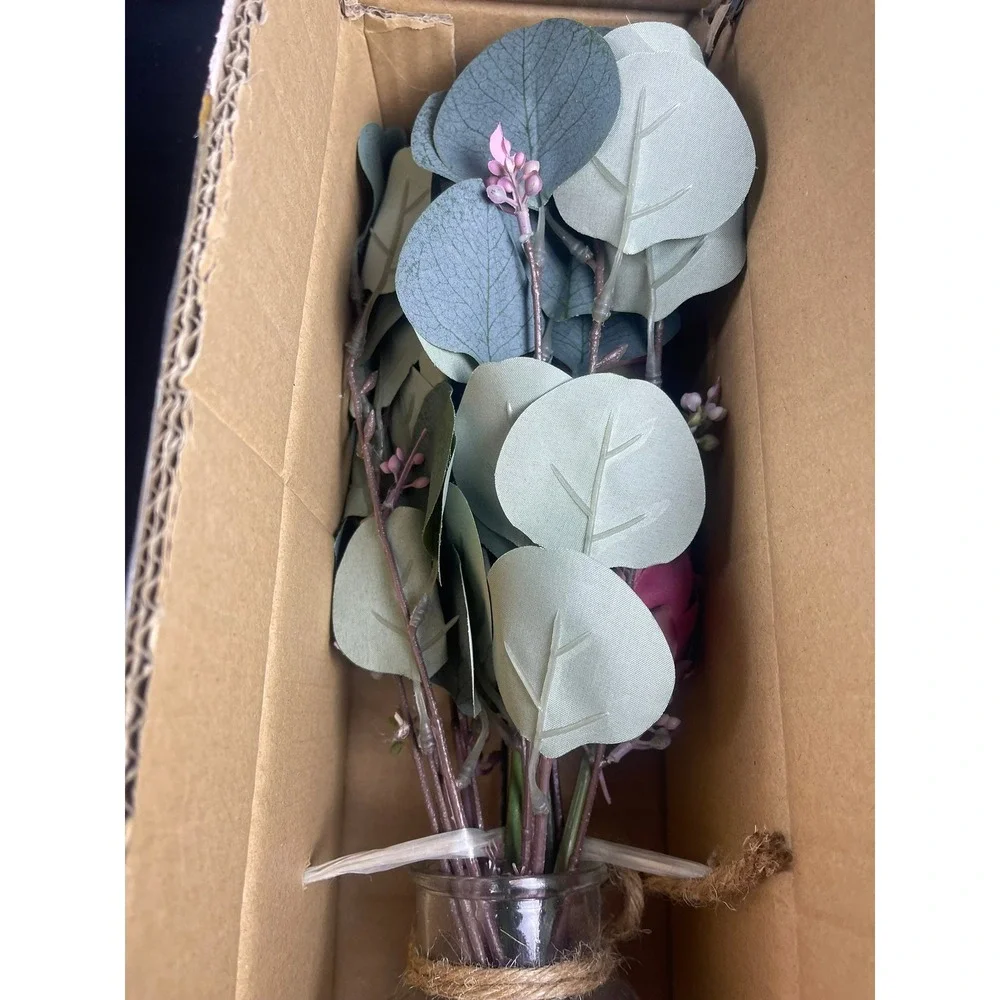 Hisow Artificial Eucalyptus Centerpiece Red Floral Decor Glass Vase BP-1305‎ NEW